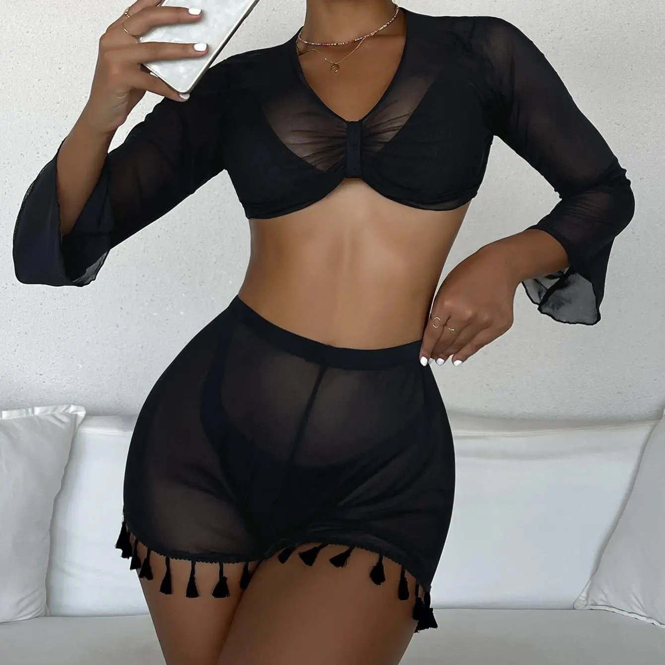Sexy See Through Mesh Sheer Cover-ups Sets Women Swimwear Solid Color Transparent Long Sleeve Crop Tops+Shorts Beach Cover Ups bikini and cover up set