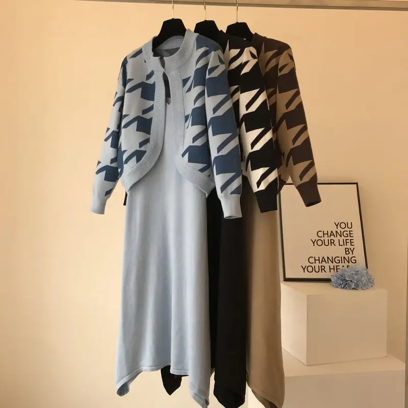 ALPHALMODA осенне-зимний женский кардиган с рисунком «гусиные лапки»+ платье на бретельках модный костюм из 2 предметов элегантный вязаный комплект из 2 предметов