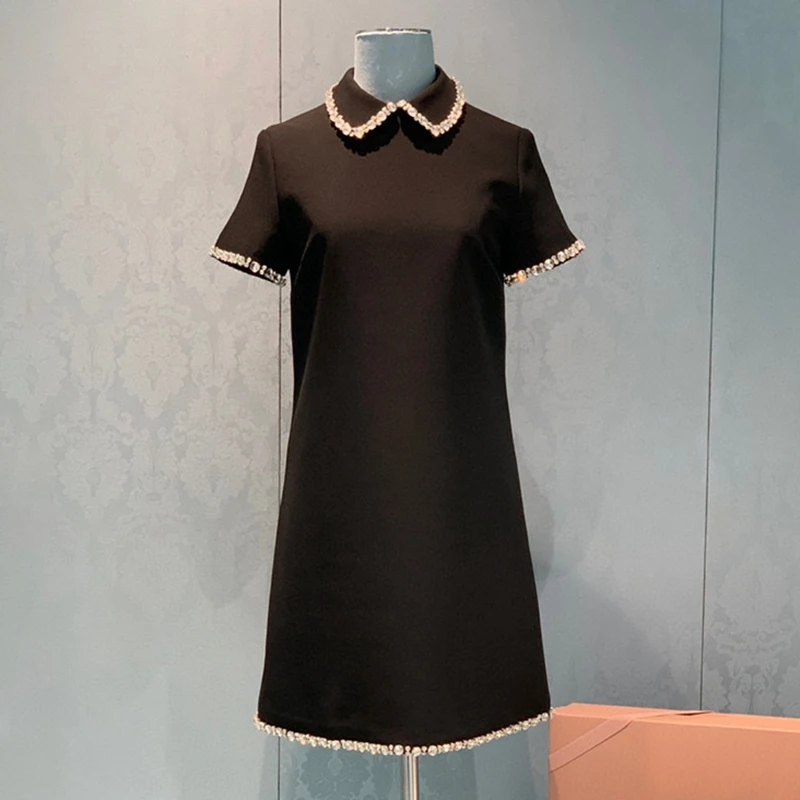 

High-End Customization Women Black Short Sleeve A-Line Dress Handmade Luxry Diamond OfficeLady Loose Elegant 2021 Summer