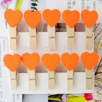 

10pcs/Lot Orange color Heart Special Gift wood clips Bag Clip Paper Clip wooden pegs for wedding