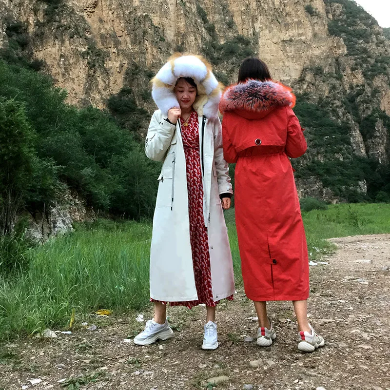 long red Горячая x-long Тип натуральный мех енота воротник парка с натуральным мехом длинная теплая тонкая роскошная элегантная женская зимняя одежда - Цвет: long red