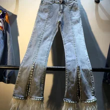 Европейские осенние новые тяжелые алмазные бусины с высокой талией обтягивающие джинсы брюки с перьями