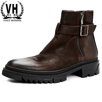 

all-match cowhide cashmere zipper mens dress boots High Quality Genuine Leather combat boots mens chelsea boots male velvet