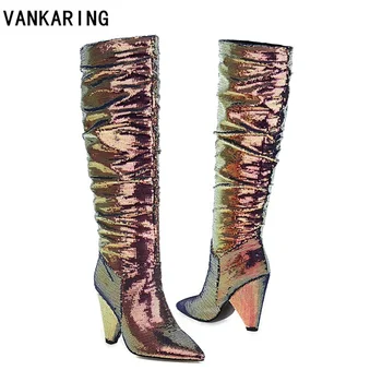 

new fashion bling western boots women knee high cowboy boots pointed toe shoes high heels dance shoes ladies autumn winter boots