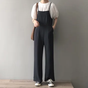

2020 Korean Chic Long Jumpsuit Women Wide Leg Pants Summer Suspender Jumpsuits Overalls Black Casual Rompers Preppy Style Girl