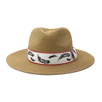

Fashion simple women summer beach sunshade falt top panama wide brim jazz ribbon decoration high quality relaxation straw hats