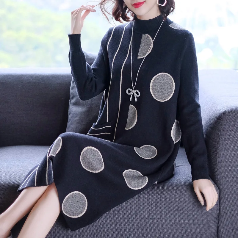 

Thick Lady Jersey Dress Women's Autumn & Winter 2019 New Style High-End Western Style Loose-Fit Mid-length Sweater Dress