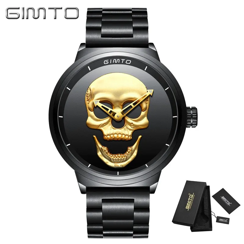 Стильные модные брендовые мужские часы GIMTO с черепом в стиле панк, черные креативные уникальные мужские часы из нержавеющей стали с скелетом - Цвет: Gold Steel Box