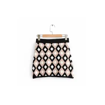 

women color matching knitting skirt 2019 fashion girls diamonds shape natural A-line female autumn winter highstreet chic skirts