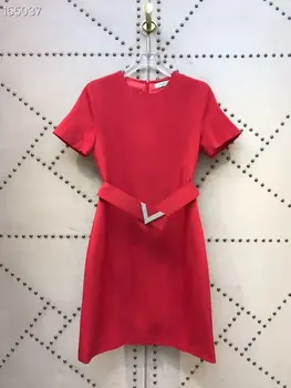 

HIGH QUALITY Newest 2020 Designer Runway Dress Women O-Neck Short Sleeves Diamonds Belt Mini Black / Red Hot Sale Sexy Dresses