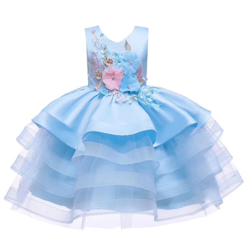 Нарядное платье для девочек детское торжественное вечернее платье-пачка принцессы с красным цветком, Рождественская Одежда для детей одежда для малышей возрастом от 2 до 10 лет - Цвет: sky blue