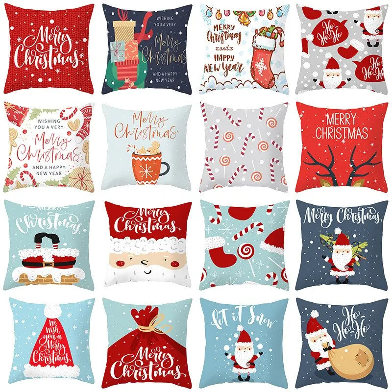 

Merry Christmas Cushion Cover Red Christmas Tree Santa Claus Santa Claus Pipe Greeting Text Pillow Cover 45*45cm