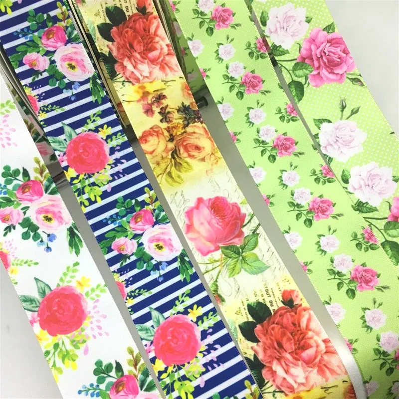 Flowers Satin Ribbon 38mm 5Y for Handmade Craft Patchwork Bows Christmas Easter Marriage Deco Gift Floral Packing
