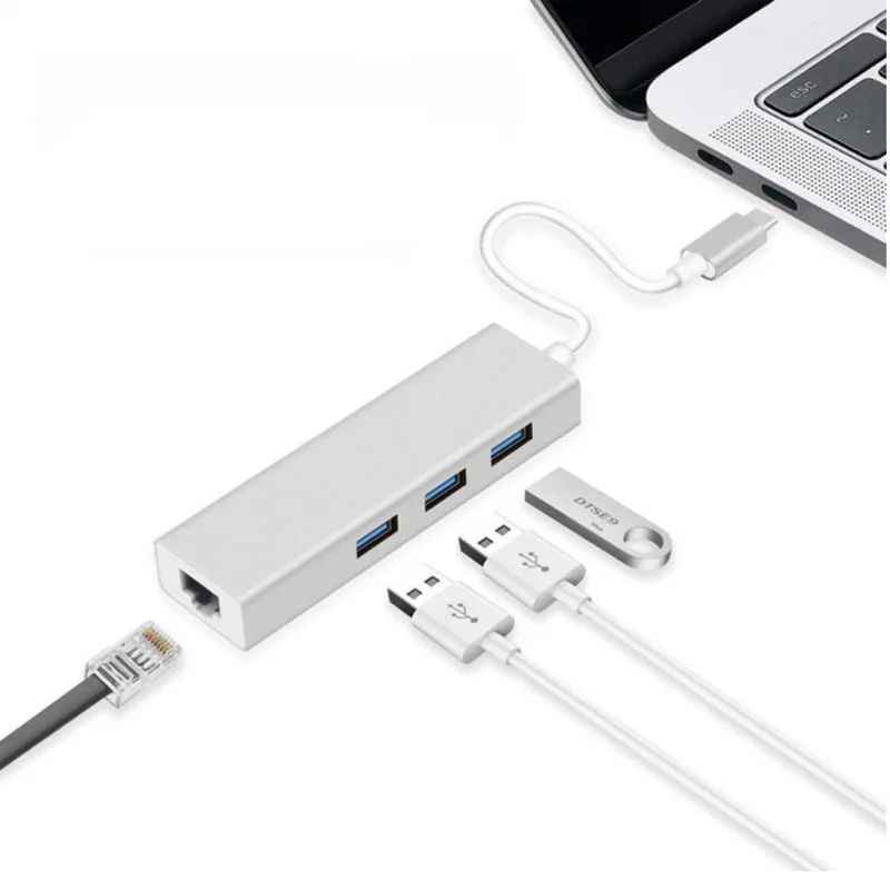 USB C 3.1 이더넷 Rj45 Lan 어댑터 3 USB 포트 유형 C-USB 3.0 허브 10/100 네트워크 카드, Macboo PC ChromeBook 용