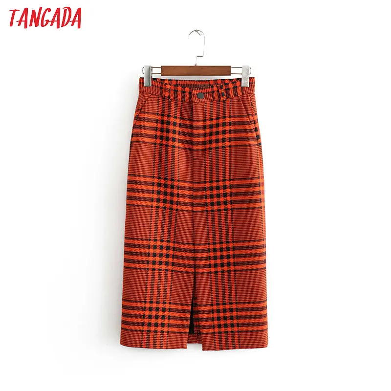 

Tangada fashion women orange plaid pencil skirt for work vintage elegant office ladies skirt retro mid calf skirts 3H123