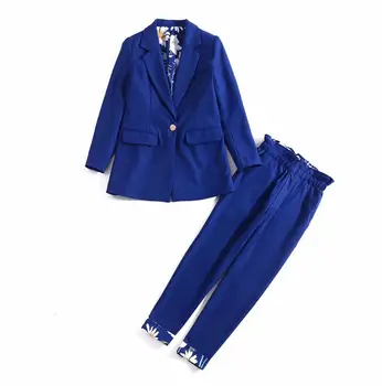 

European and American women's clothing 2019 winter new style Long-sleeved coat one button Nine minutes of pants Blue suit