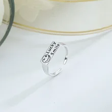 

2021 New Arrival Fashion Design Smiley Face Happy Luck Letters Adjustable Rings 925 Sterling Silver Women Ladies Square Jewelry