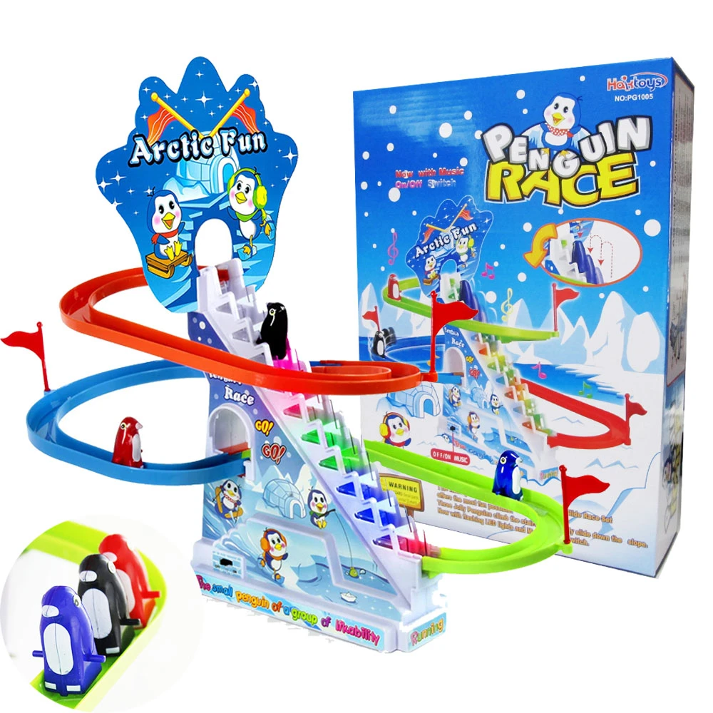 Pinguin Klettern Treppen Schiebe Track Puzzle elektrische Rennbahn Spielzeug mit Musik