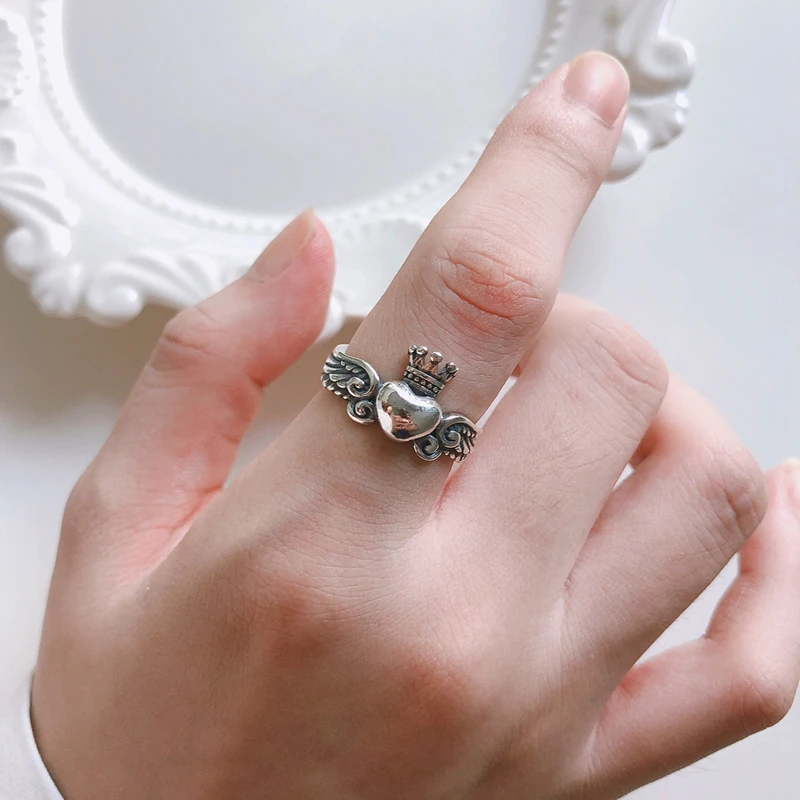 Silvology 925 серебро сердце крыло Корона Кольца для женщин винтажные креативные корейские кольца для женщин Серебряные праздничные украшения