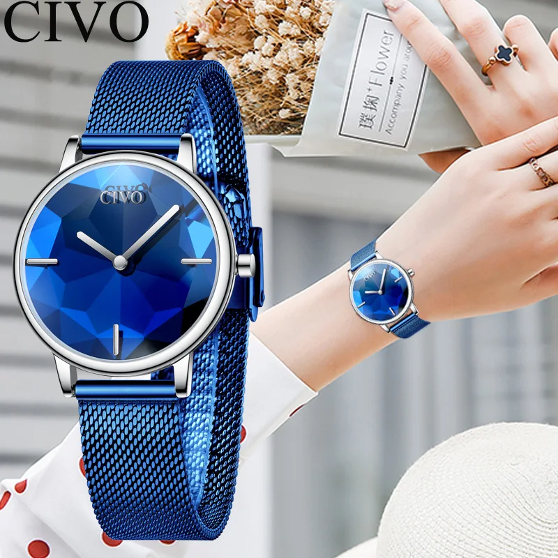Женские часы Relogio Feminino CIVO с синим ремешком, женские кварцевые часы, женские роскошные часы от ведущего бренда, водонепроницаемые часы для девушек 8109