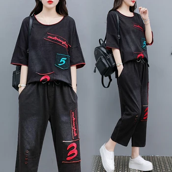 

Tracksuit For Women 2020 Summer Letter Embroidery Knit Denim Short Sleeve T-shirt Casual Pants 2 Piece Set Female Plus Size