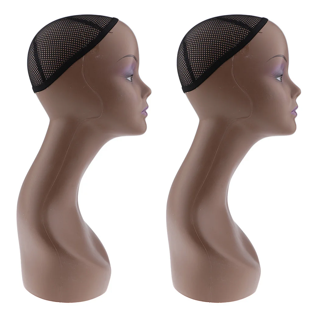 2pcs Coffee Female Mannequin Head Model Wig Cap Jewelry Display Holder Stand