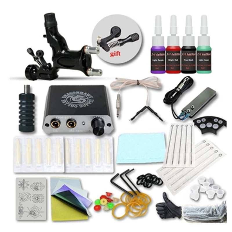 Kopen Tattoo Kit 4 Kleuren Inkt Wrap Coils 1 Black Tattoo Motor Machine Grips Naalden Voeding Tattoo Kit Voor Beginners