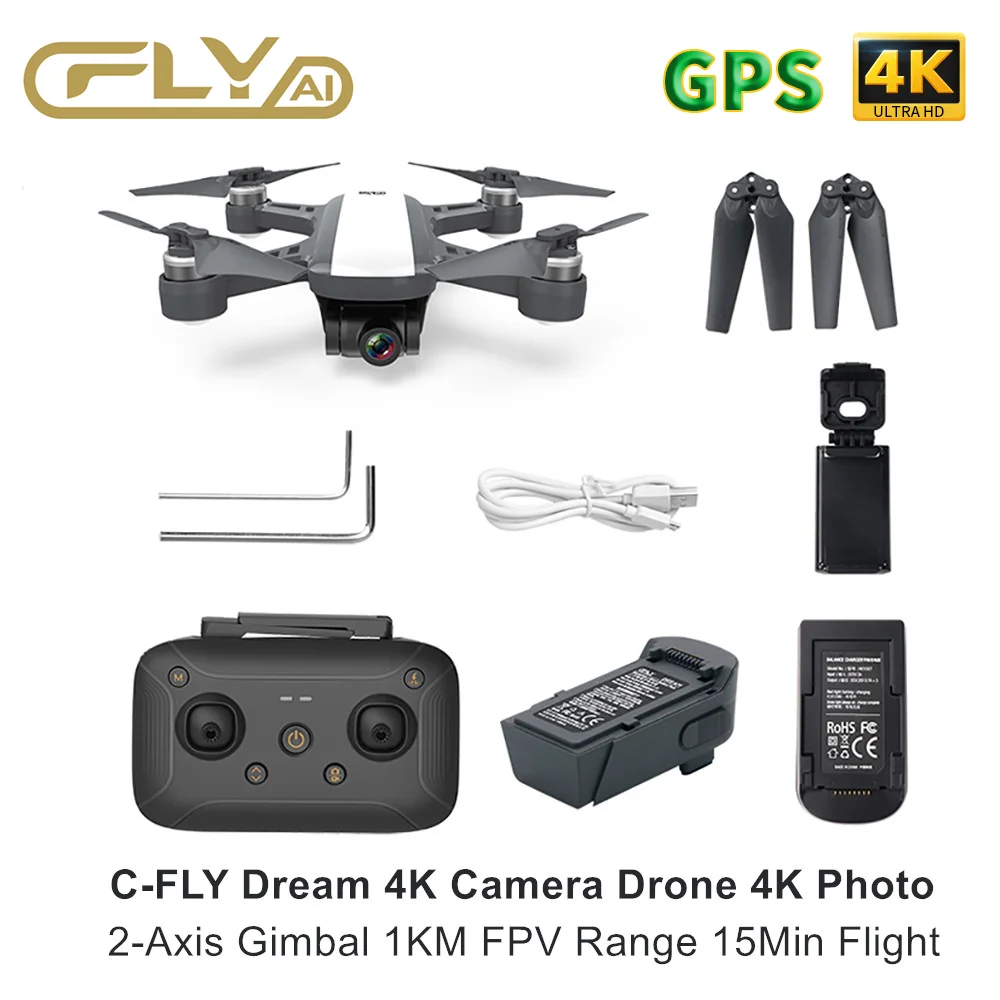 $25.3 RC Drone 4K GPS Drone CFLY Dream HD Camera Drone with 1km FPV 2Axis Gimbal 15Min Flight RTF Quadc