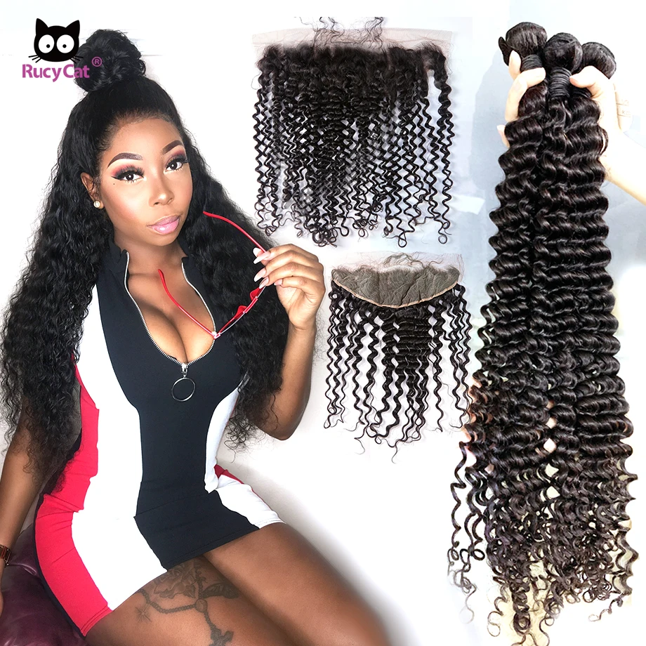 RucyCat Brazilian Deep Wave Bundles With Lace Frontal Human Hair 3/4 13X4 Ear To Ear Lace Frontal With Remy Hair Deep Wave