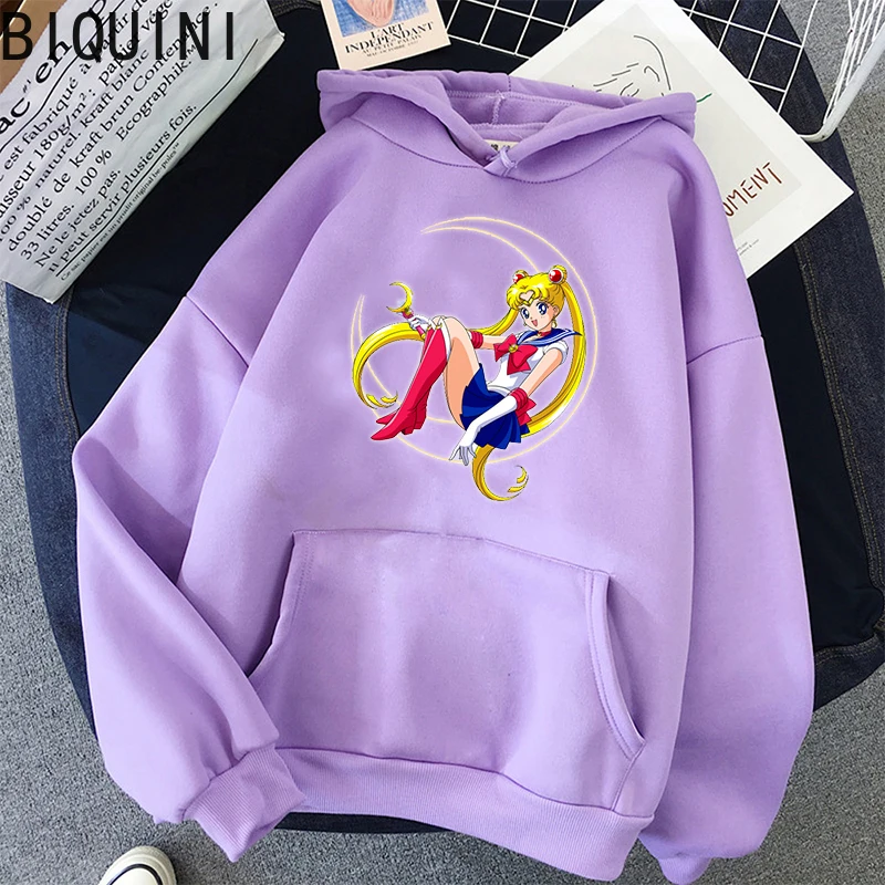 

Sailor Moon Hoodies Women Harajuku Anime Pullovers Cute Kawaii Casual Tops O-Neck Angel Print Hooded Sweatshirt Long Sleeves
