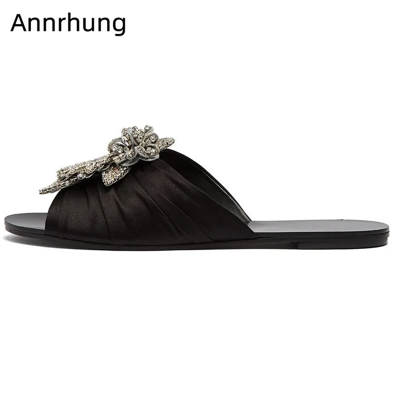 

Rhinestone Flower Decor Beach Slippers Pleated Satin Shoes Woman Cozy Open Toe Slingbacks Casual Flats Slides Zapatillas Mujer
