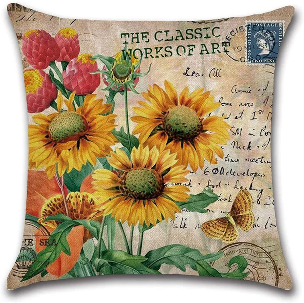 Rose Sunflower Cushion Yellow Floral Pillow Printed Throw Pillowcase for Home Sofa Car Decorative Pillows 18x18