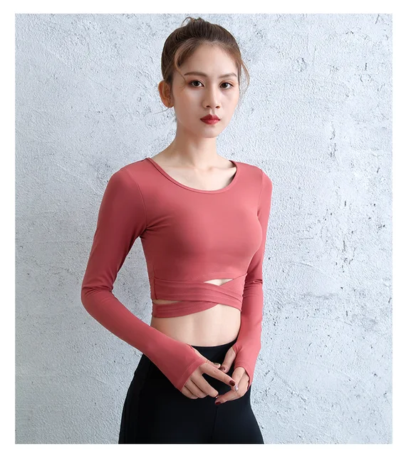 US $13.64 X-HERR Women Gym Crop Top Long Sleeve Women Yoga Top Sports Shirt Padded Bra Cross Bandage Fitness 