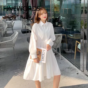 

FINEWORDS 2020 Korean Chic White Shirt Dress Turn-down Collar Casual Basic Midi Dress Harajuku A-line Knee-length Ladies Dresses