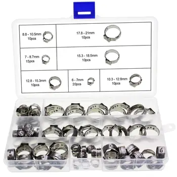 

Stainless Steel Single Ear Hose Clamp, 90Pcs 7.0-21.0mm Crimp Hose Clamp Assortment Kit Ear Stepless Cinch Rings Crimp Pinch Fit