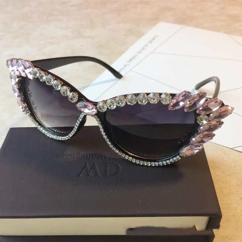 Фирменный дизайн кошачьи глаза большие солнцезащитные очки модные женские металлические Украшенные стразами солнцезащитные очки градиентные очки UV400