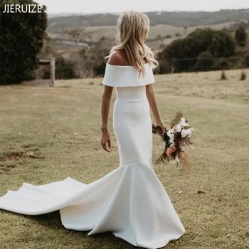 

JIERUIZE White Off Shoulder Mermaid Wedding Dresses Boat Neck Zipper Back Simple Satin Wedding Gowns For Women vestido de noiva
