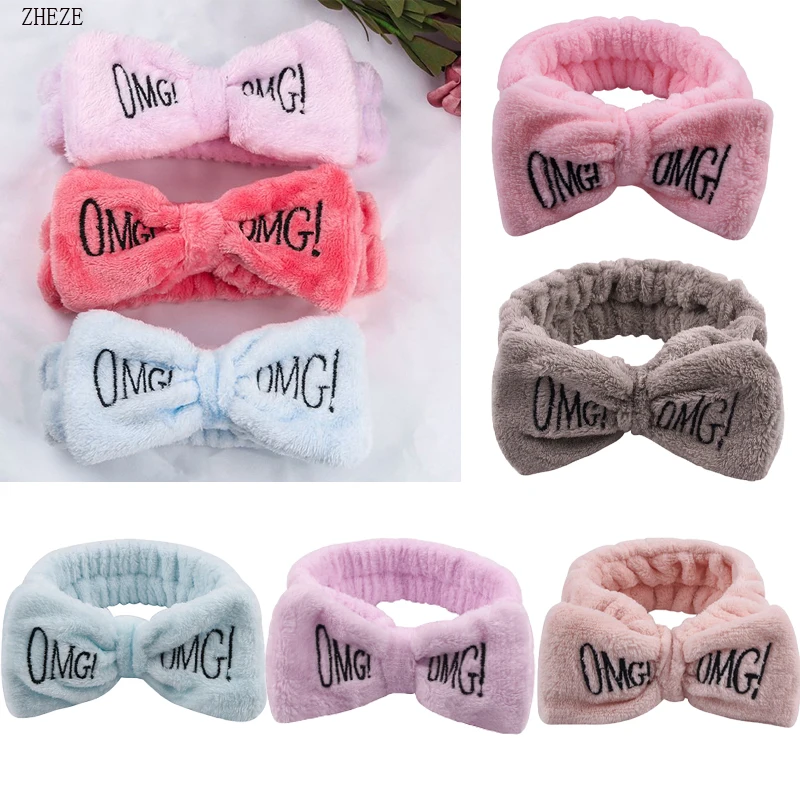 

8Pcs/Lot 7" Large Hair Bow Headband For Wash Face Fashion OMG Letters Hairband Girls Solid Coral Fleece Hair Accessories Mujer