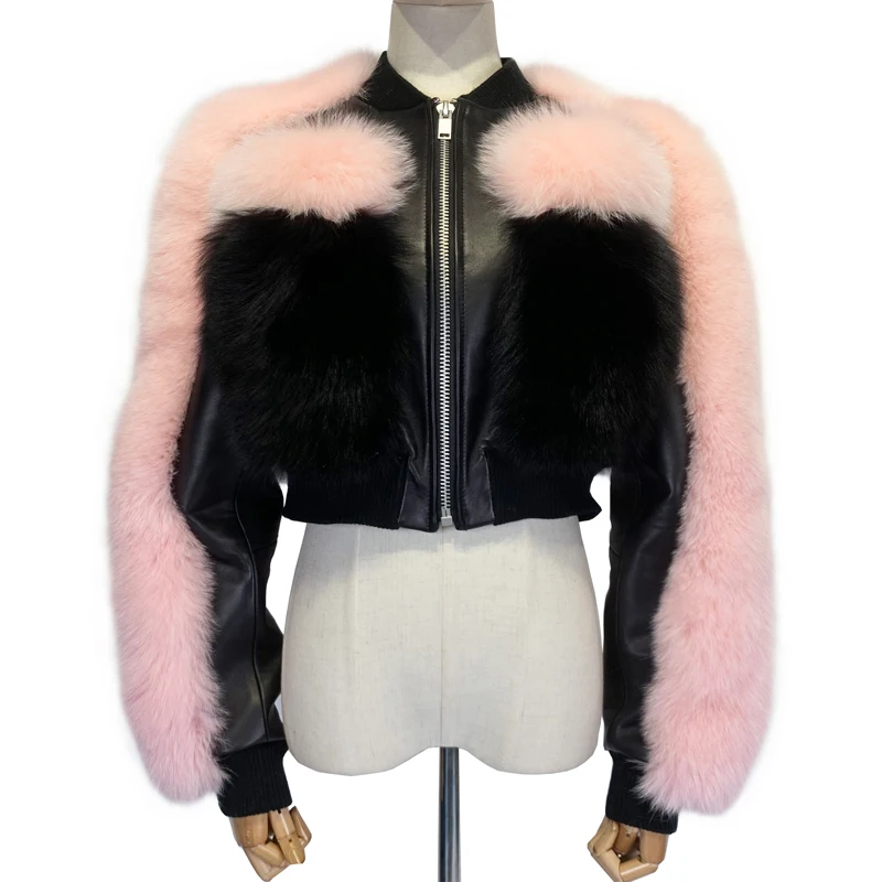 2022 Autumn Leather Jacket With Real Fox Fur Decorate