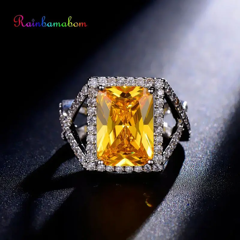 

Rainbamabom Vintage 925 Solid Sterling Silver Citrine Gemstone Wedding Engagement White Gold Diamond Ring Fine Jewelry Wholesale