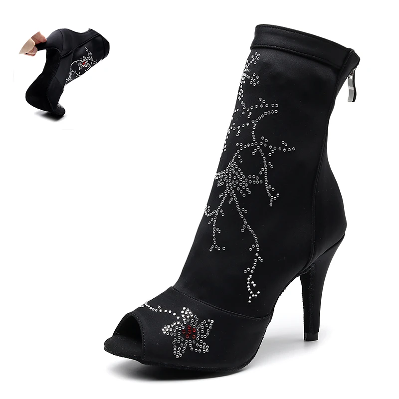 Women Rhinestione Latin Dance Boots Black High Heel Ballroom Salsa Dancing Shoes For Party Girls High Top Latino Pratice Boots