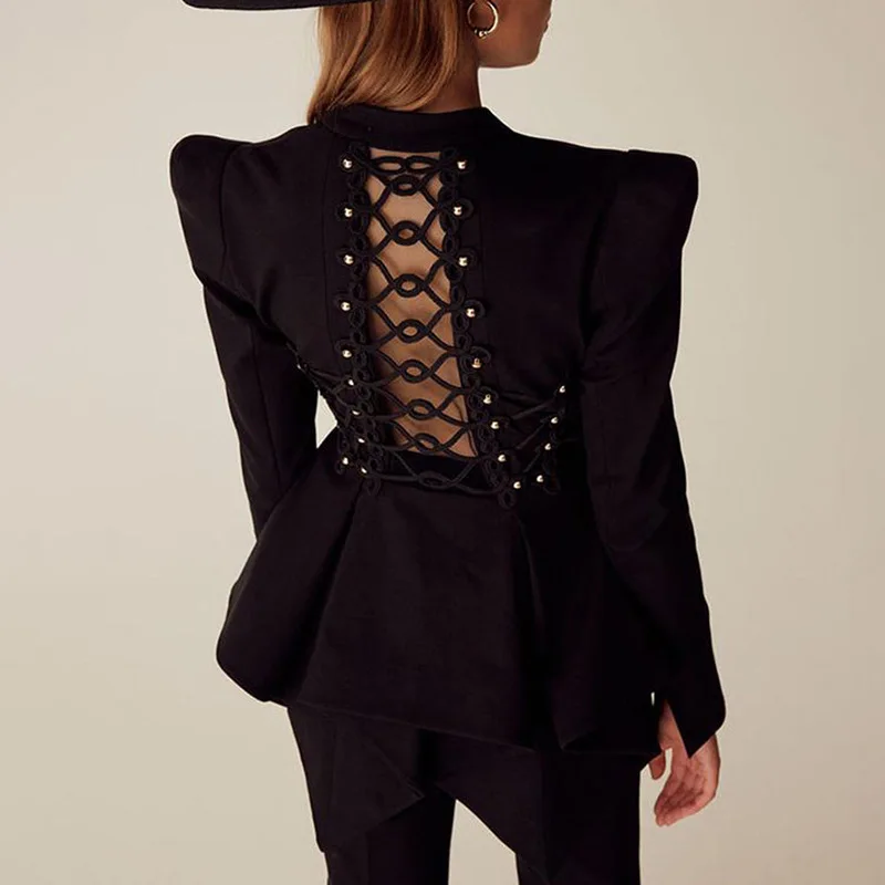 Сексуальный черный костюм с открытой спиной для женщин 2019 осень тонкий асимметричный подол длинный рукав пальто женские куртки и пальто