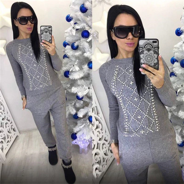 Knitted tracksuit for women Hooded Sweater Casual knitted suit Women 2 Piece set Zipper long sleeve Sporting women's suit - Цвет: Gray pearl