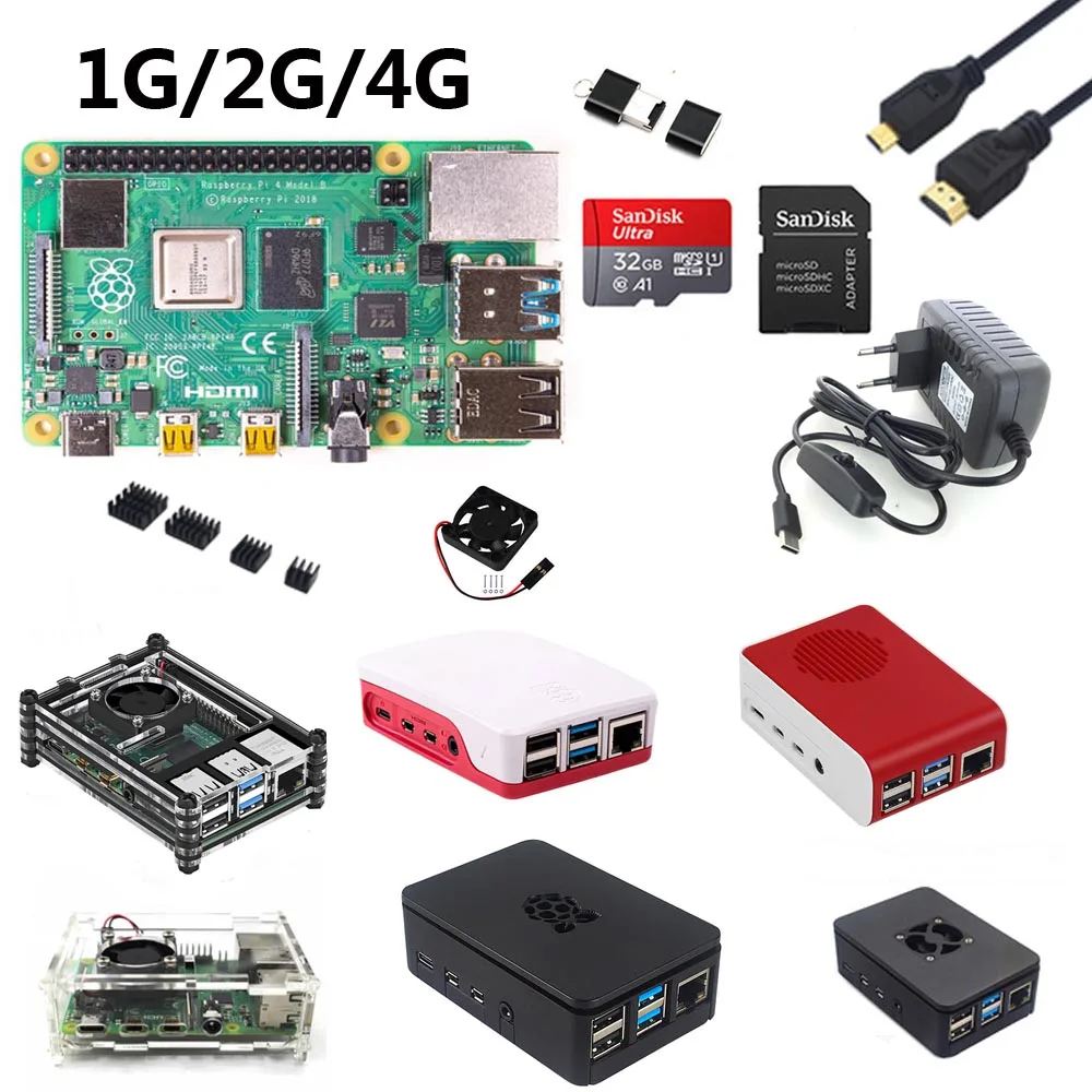 Стартовый набор для Raspberry Pi 4B 1 ГБ/2 ГБ/4 Гб + SD карта 32 ГБ чехол из АБС пластика