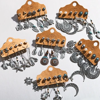 

17KM Vintage Elephant Sun Shell Moon Earrings Set For Women 2020 Fashion Metal Fearther Dangle Earring New Ethnic Jewelry