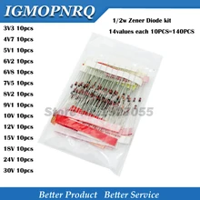 14 valores cada 10 peças = 140 peças 0.5w regulador 3.3v-30v 1/2w zener kit variado de componentes de diodo, kit 3v3 4v7 5v1 6v2 6v8 7v5 8v2 30v