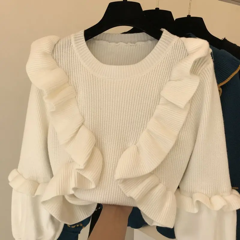 Белый ALPHALMODA, милый свитер с оборками, женский зимний теплый стильный топ с оборками - Цвет: Белый