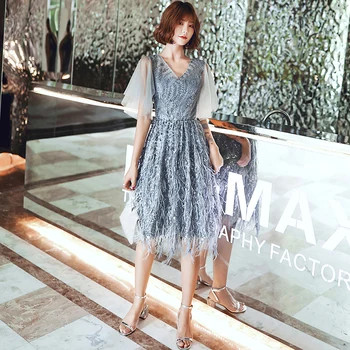 

wei yin AE0227 New Style V Neck Gray Evening Dresses 2020 Feathers Formal Prom Gowns A-Line Fashion Black Evening Gown