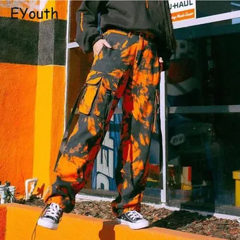

Loose Camo Cargo Pants Pockets Streetwear Orange Hip Hop Sweatpants Tie Dye Harajuku Fitness Capris Trousers Korea