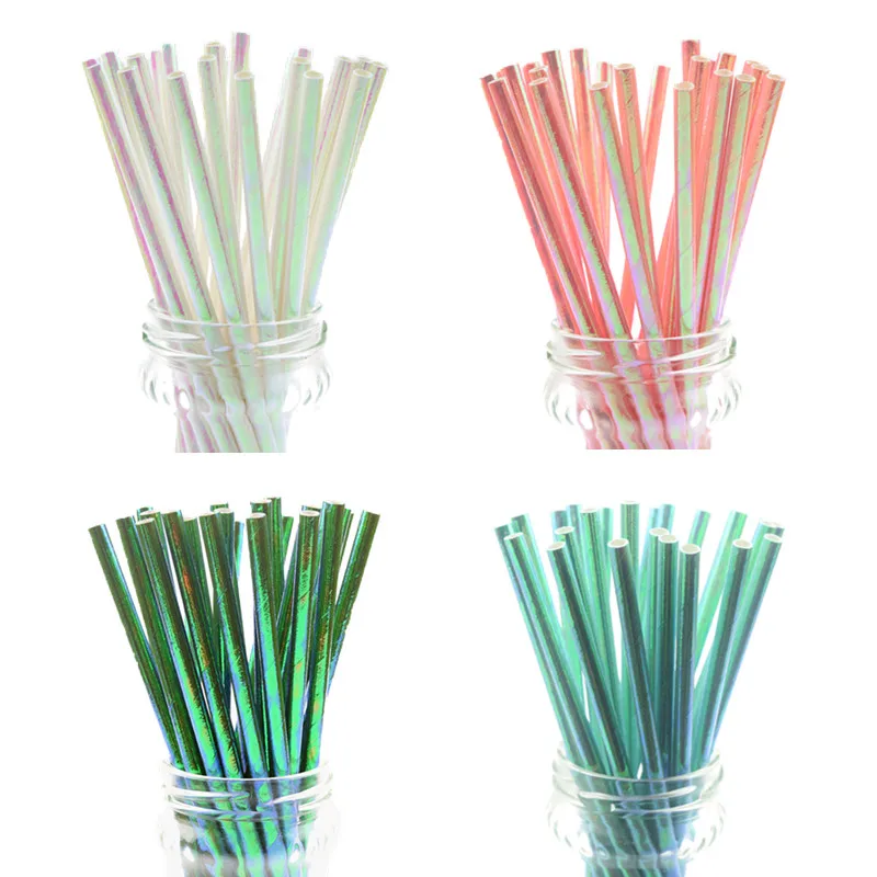 25pcs/lot Pearl Rainbow Iridescent Paper Straws Kids Birthday Wedding Decoration Bridal Shower Party Drinking Paper Straws DIY